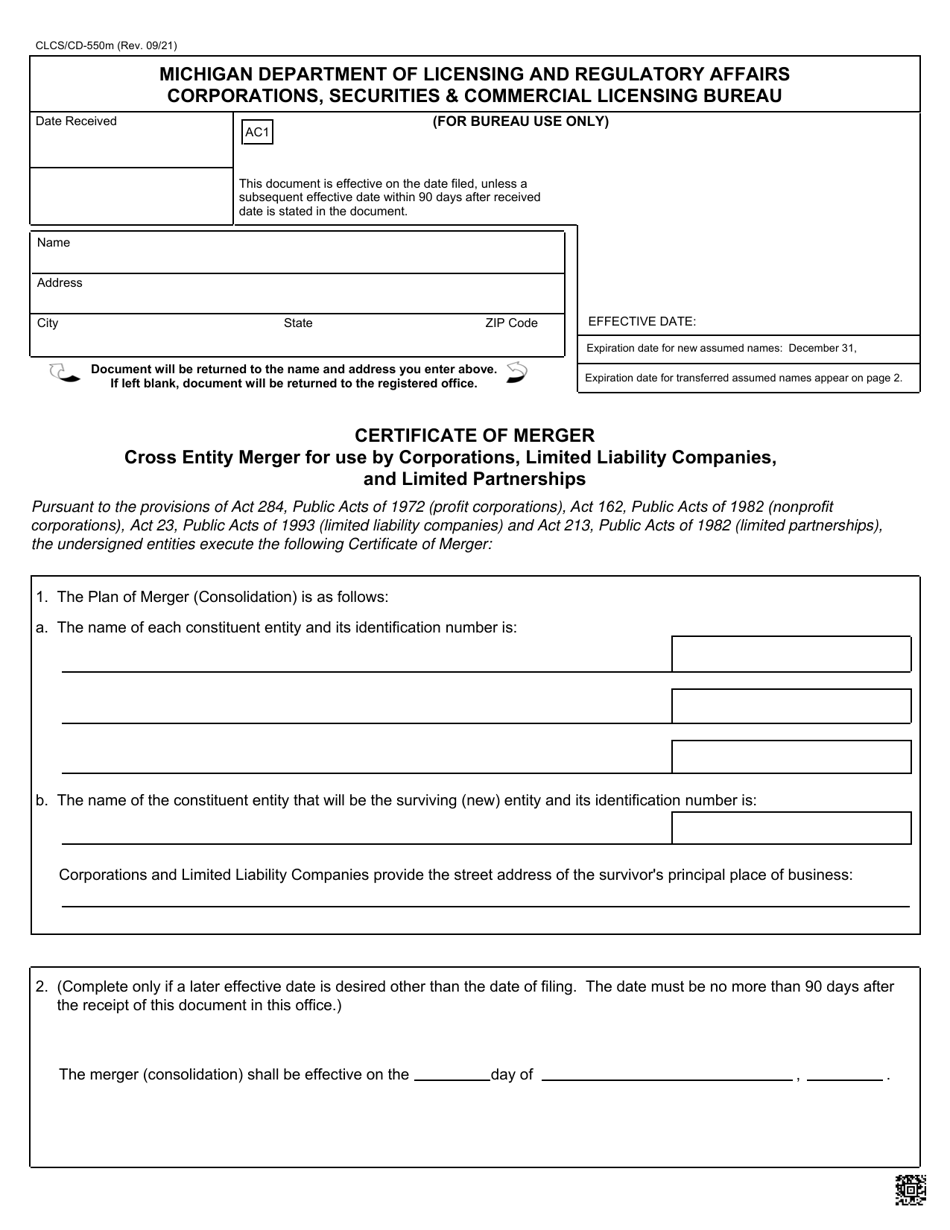 Form CSCL/CD-550M Certificate of Merger Cross Entity Merger for Use by Corporations, Limited Liability Companies, and Limited Partnerships - Michigan, Page 1