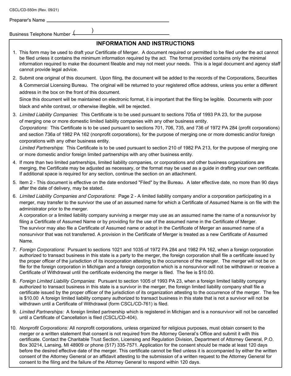 Form CSCL / CD-550M Certificate of Merger Cross Entity Merger for Use by Corporations, Limited Liability Companies, and Limited Partnerships - Michigan, Page 8
