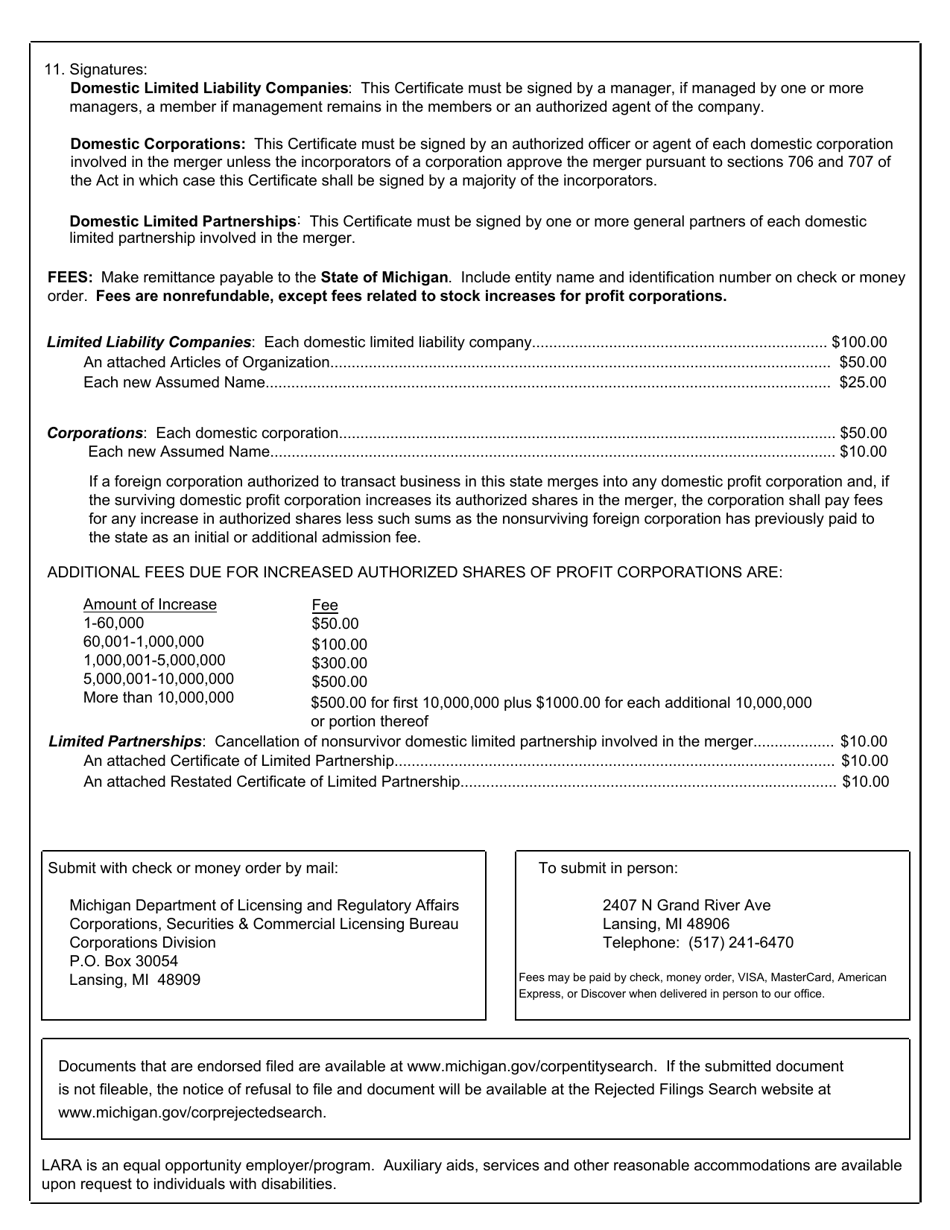 Form CSCL / CD-550M Certificate of Merger Cross Entity Merger for Use by Corporations, Limited Liability Companies, and Limited Partnerships - Michigan, Page 9