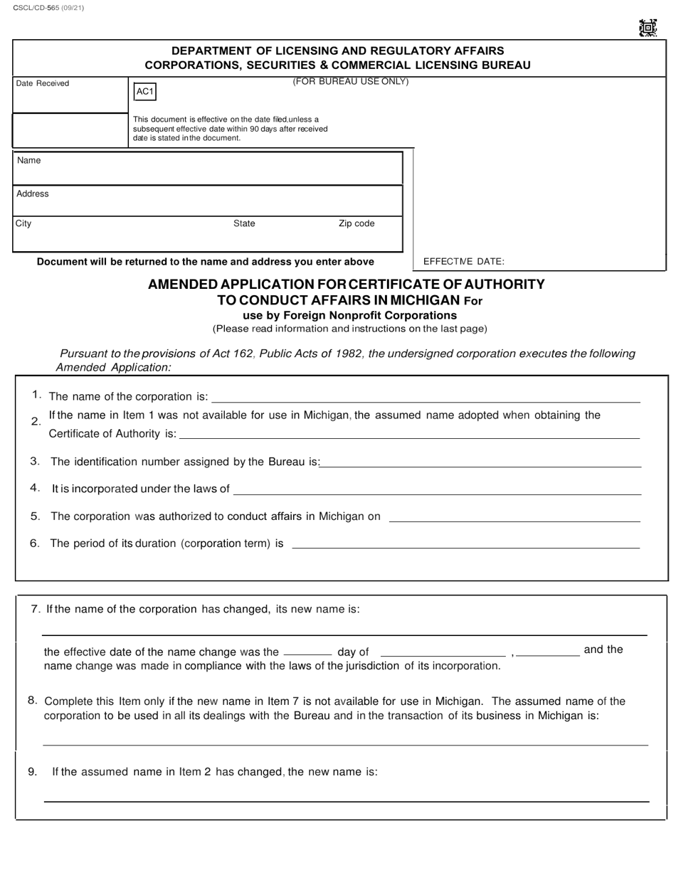 Form CSCL / CD-565 Amended Application for Certificate of Authority to Conduct Affairs in Michigan for Use by Foreign Nonprofit Corporations - Michigan, Page 1