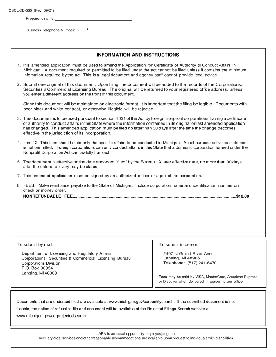 Form CSCL / CD-565 Amended Application for Certificate of Authority to Conduct Affairs in Michigan for Use by Foreign Nonprofit Corporations - Michigan, Page 3