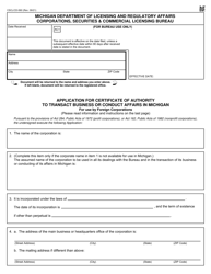 Document preview: Form CSCL/CD-560 Application for Certificate of Authority to Transact Business or Conduct Affairs in Michigan for Use by Foreign Corporations - Michigan