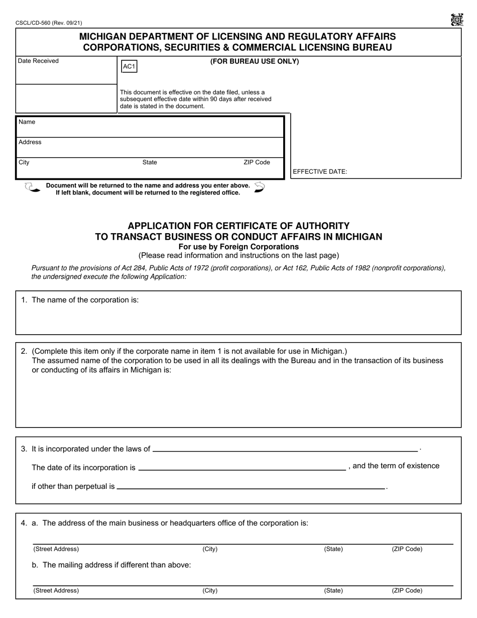 Form CSCL / CD-560 Application for Certificate of Authority to Transact Business or Conduct Affairs in Michigan for Use by Foreign Corporations - Michigan, Page 1