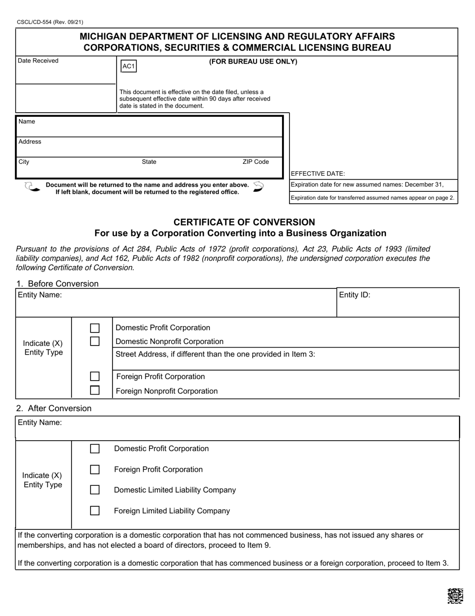 Form CSCL / CD-554 Certificate of Conversion for Use by a Corporation Converting Into a Business Organization - Michigan, Page 1