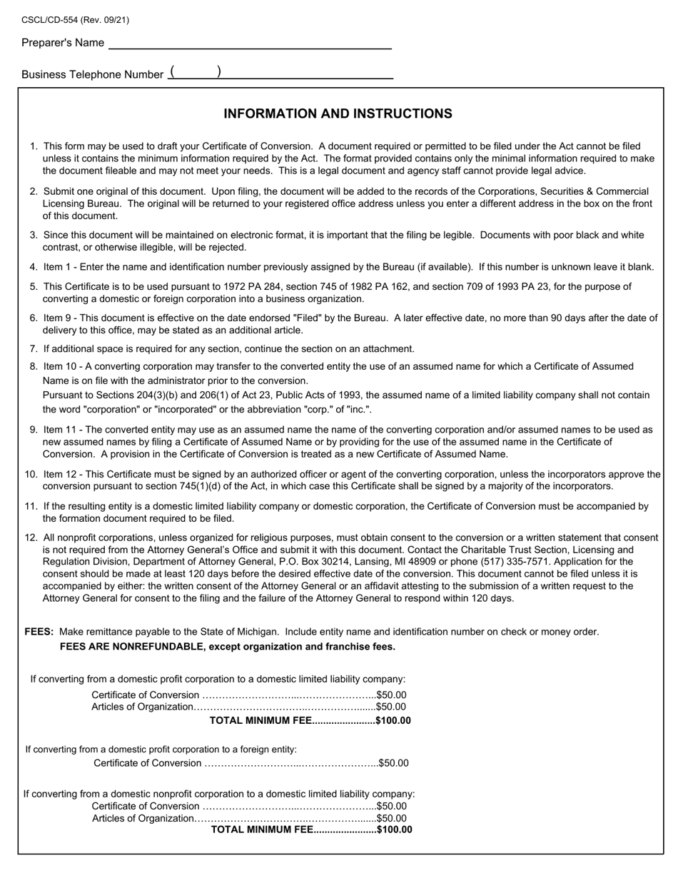 Form CSCL / CD-554 Certificate of Conversion for Use by a Corporation Converting Into a Business Organization - Michigan, Page 5