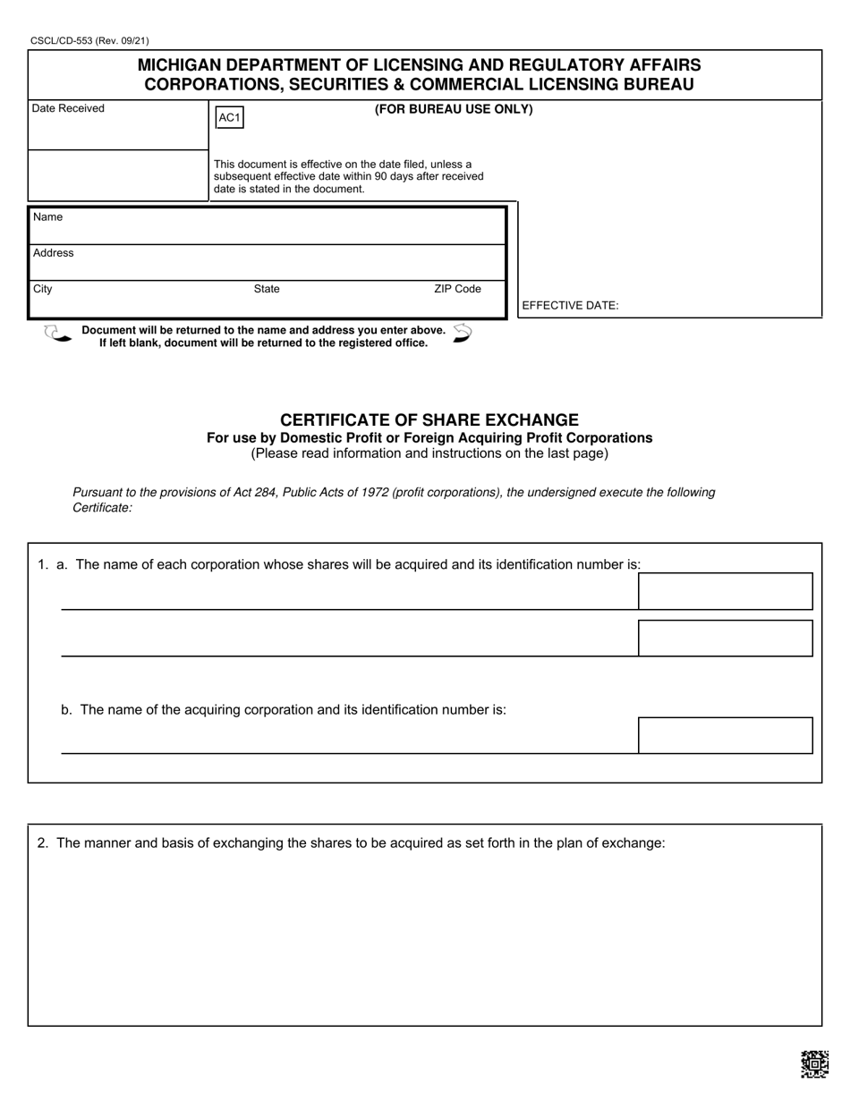 Form CSCL / CD-553 Certificate of Share Exchange for Use by Domestic Profit or Foreign Acquiring Profit Corporations - Michigan, Page 1