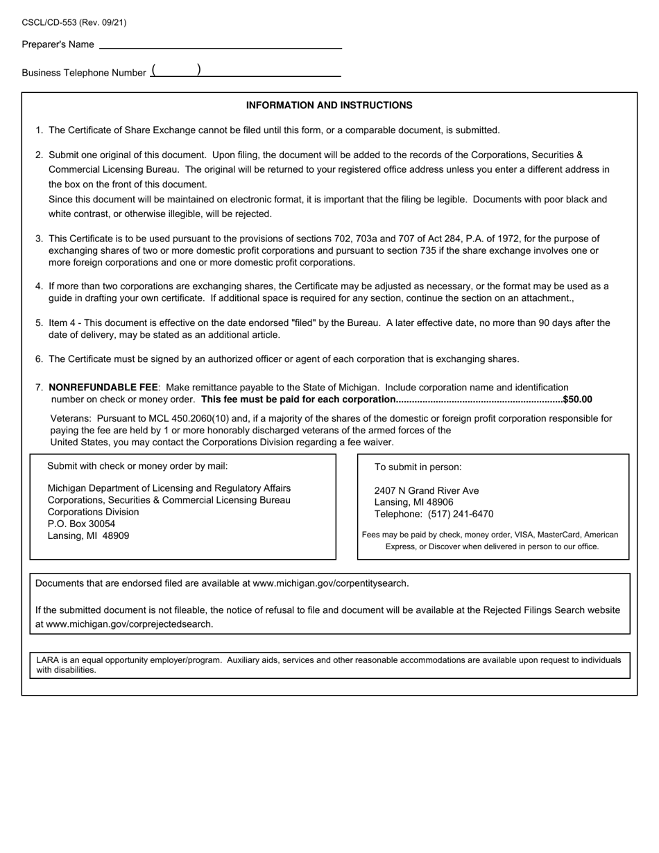 Form CSCL / CD-553 Certificate of Share Exchange for Use by Domestic Profit or Foreign Acquiring Profit Corporations - Michigan, Page 3