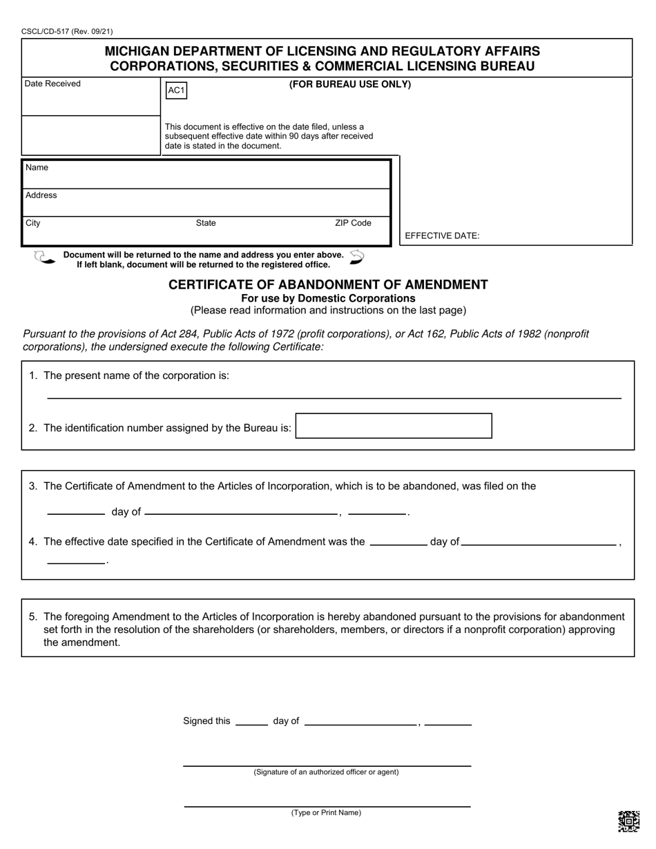 Form CSCL / CD-517 Certificate of Abandonment of Amendment for Use by Domestic Corporations - Michigan, Page 1