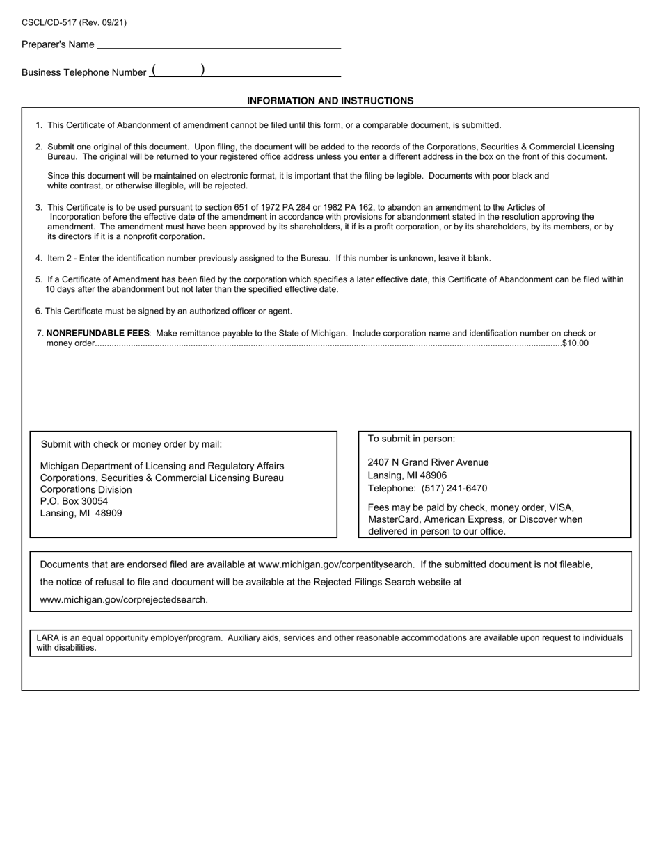 Form CSCL / CD-517 Certificate of Abandonment of Amendment for Use by Domestic Corporations - Michigan, Page 2