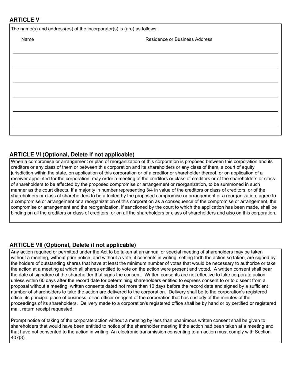 Form CSCL / CD-500 Articles of Incorporation for Use by Domestic Profit Corporations - Michigan, Page 2
