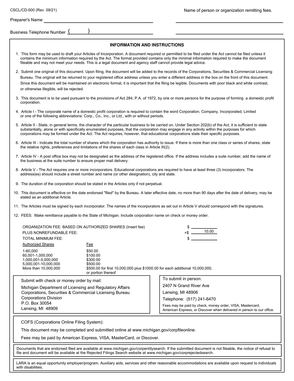 Form CSCL/CD-500 Download Fillable PDF or Fill Online Articles of ...