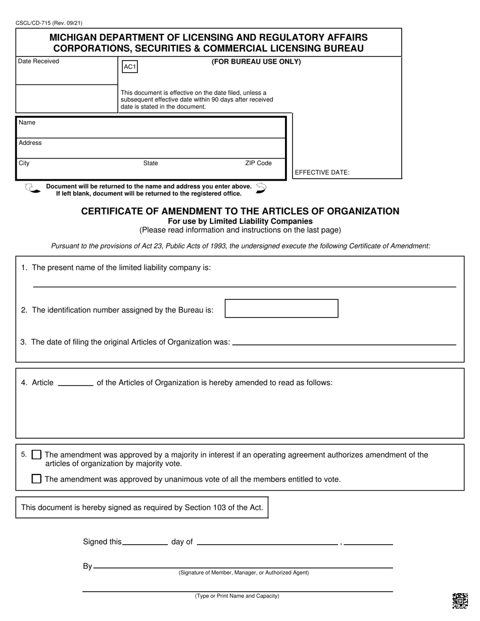 Form CSCL / CD-715 Certificate of Amendment to the Articles of Organization for Use by Limited Liability Companies - Michigan, Page 1