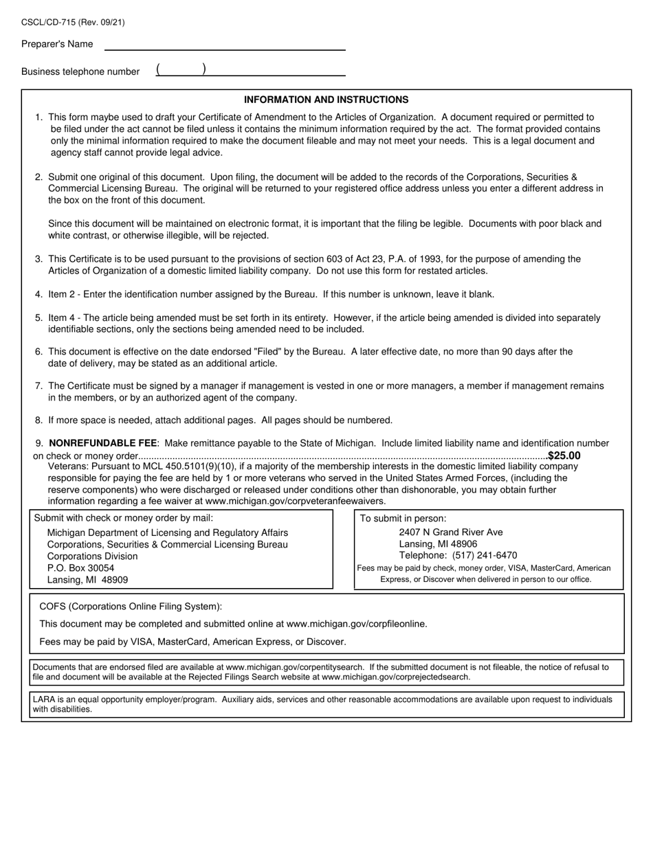 Form CSCL / CD-715 Certificate of Amendment to the Articles of Organization for Use by Limited Liability Companies - Michigan, Page 2