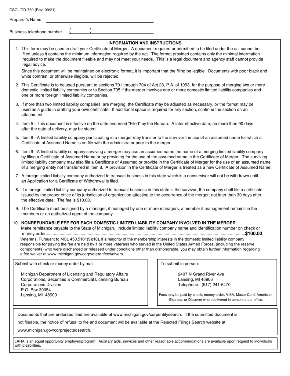 Form CSCL / CD-750 Certificate of Merger for Use by Limited Liability Companies - Michigan, Page 3