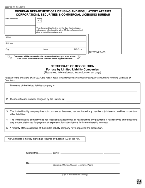 Form CSCL/CD-730 Certificate of Dissolution for Use by Limited Liability Companies - Michigan