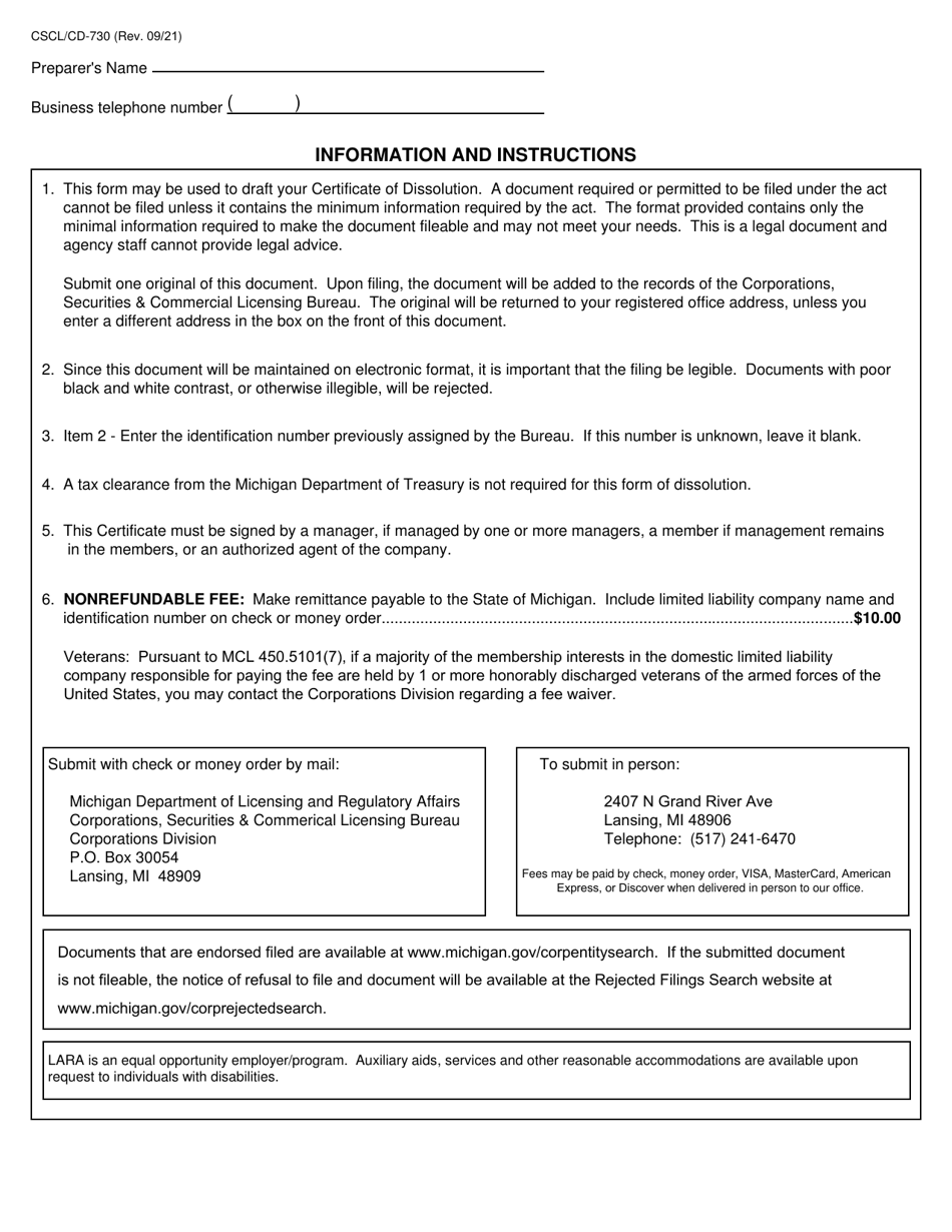 Form CSCL / CD-730 Certificate of Dissolution for Use by Limited Liability Companies - Michigan, Page 2