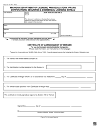 Form CSCL/CD-752 Certificate of Abandonment of Merger for Use by Domestic Limited Liability Companies - Michigan