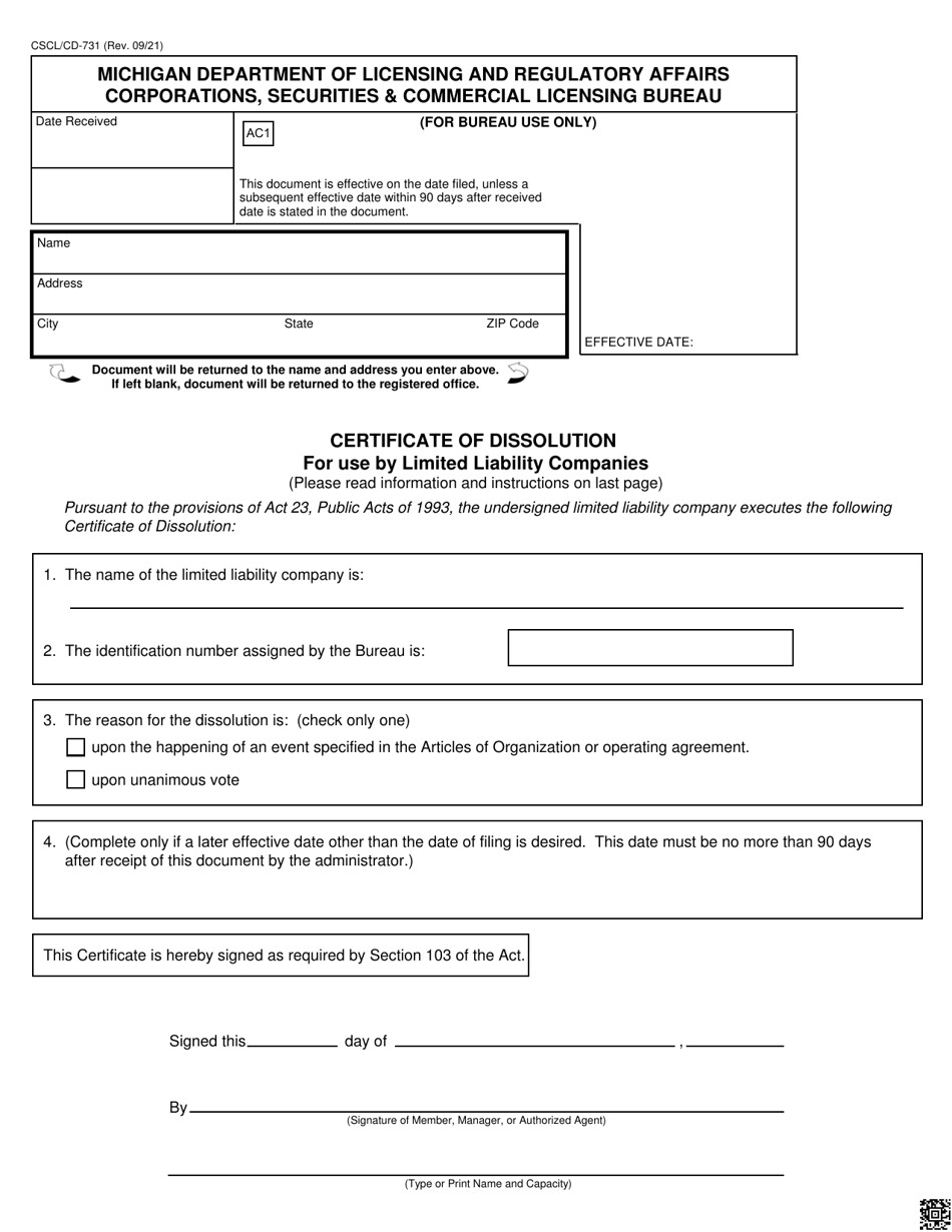 Form CSCL / CD-731 Certificate of Dissolution for Use by Limited Liability Companies - Michigan, Page 1