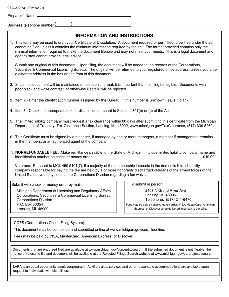 Form CSCL / CD-731 Certificate of Dissolution for Use by Limited Liability Companies - Michigan, Page 2