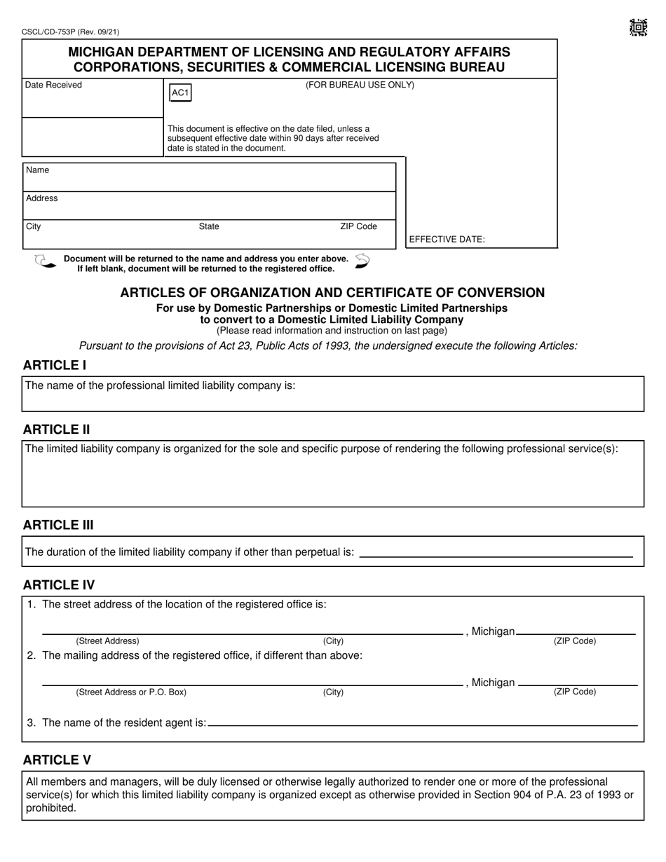 Form CSCL / CD-753P Articles of Organization and Certificate of Conversion for Use by Domestic Partnerships or Domestic Limited Partnerships to Convert to a Domestic Limited Liability Company - Michigan, Page 1