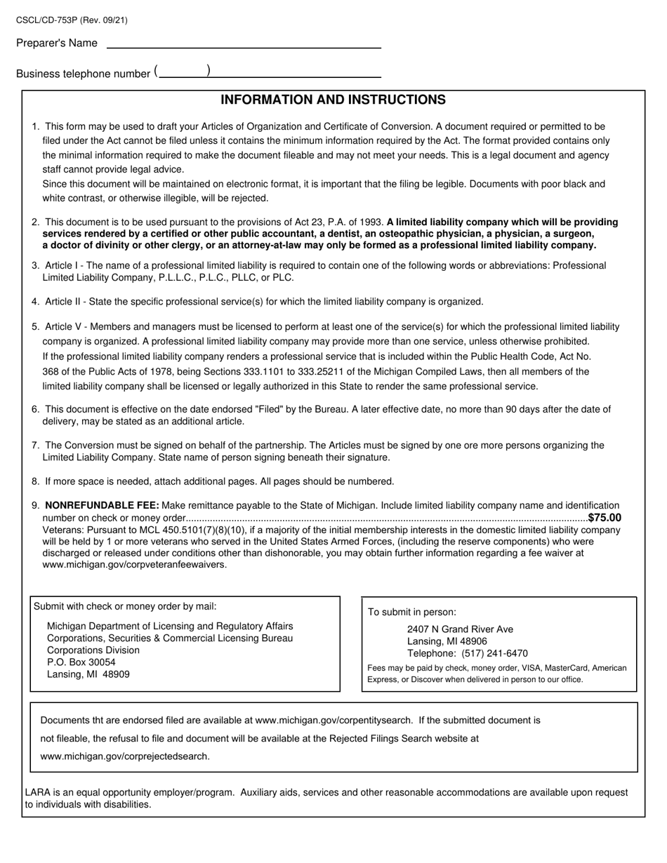 Form CSCL / CD-753P Articles of Organization and Certificate of Conversion for Use by Domestic Partnerships or Domestic Limited Partnerships to Convert to a Domestic Limited Liability Company - Michigan, Page 3