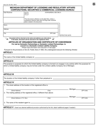 Form CSCL/CD-753 &quot;Articles of Organization and Certificate of Conversion for Use by Domestic Partnerships or Domestic Limited Partnerships to Convert to a Domestic Limited Liability Company&quot; - Michigan
