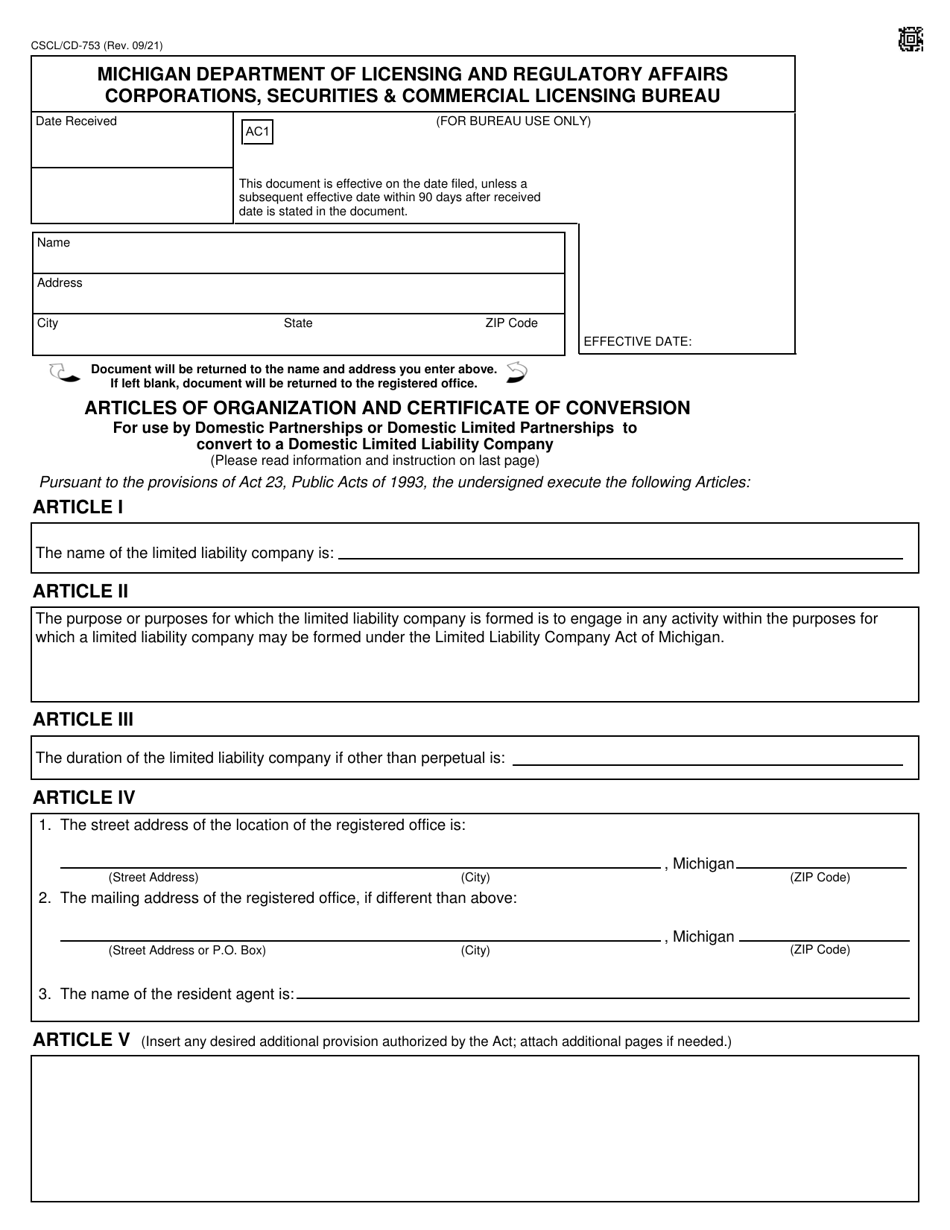 Form CSCL / CD-753 Articles of Organization and Certificate of Conversion for Use by Domestic Partnerships or Domestic Limited Partnerships to Convert to a Domestic Limited Liability Company - Michigan, Page 1