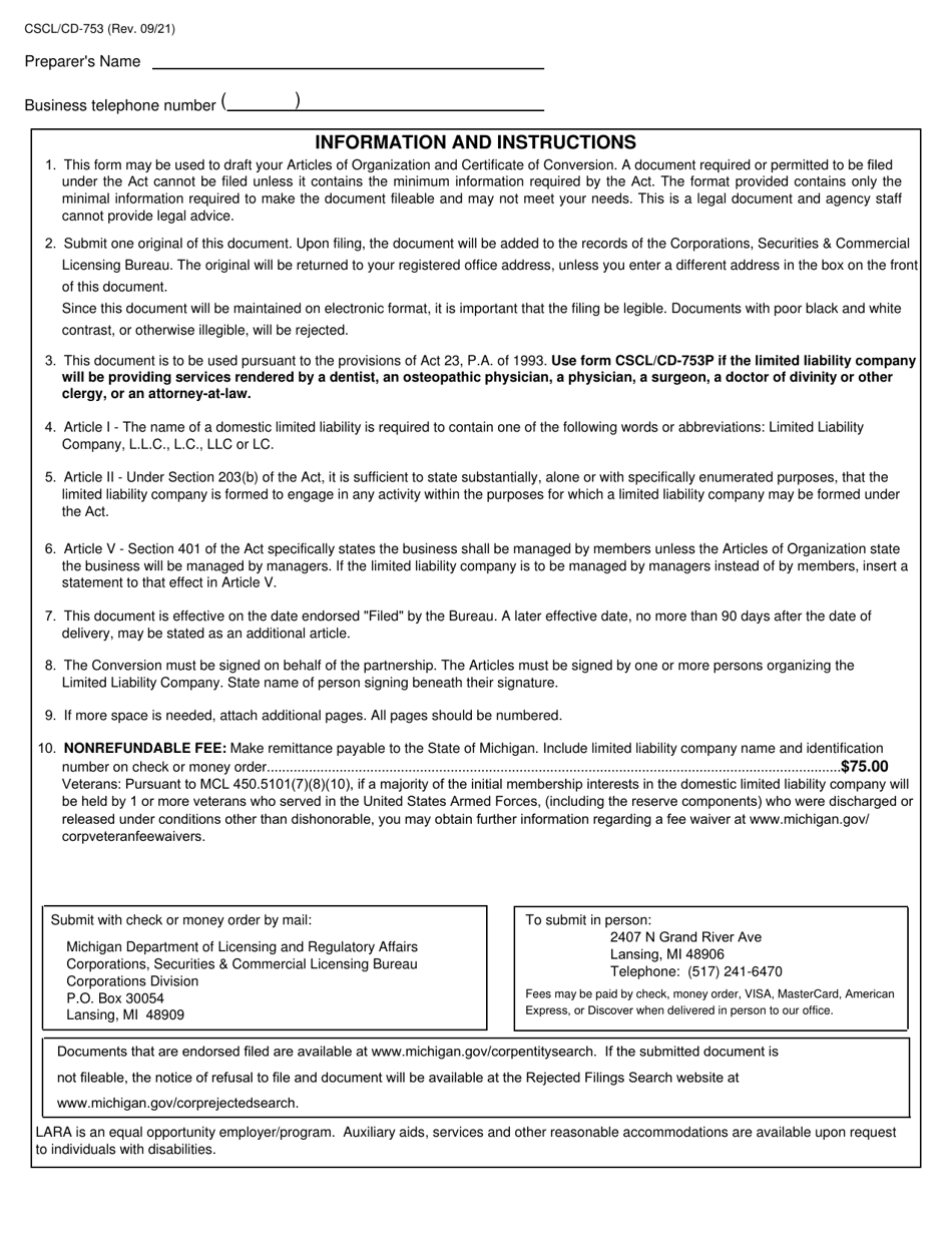Form CSCL / CD-753 Articles of Organization and Certificate of Conversion for Use by Domestic Partnerships or Domestic Limited Partnerships to Convert to a Domestic Limited Liability Company - Michigan, Page 3