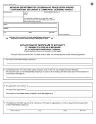 Form CSCL/CD-760 Application for Certificate of Authority to Transact Business in Michigan for Use by Foreign Limited Liability Companies - Michigan