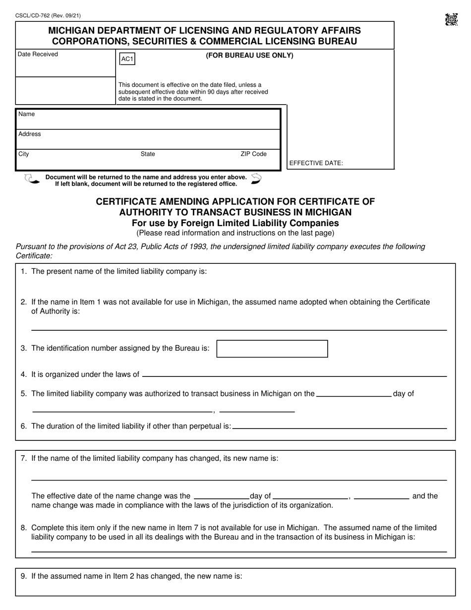 Form CSCL / CD-762 Certificate Amending Application for Certificate of Authority to Transact Business in Michigan for Use by Foreign Limited Liability Companies - Michigan, Page 1