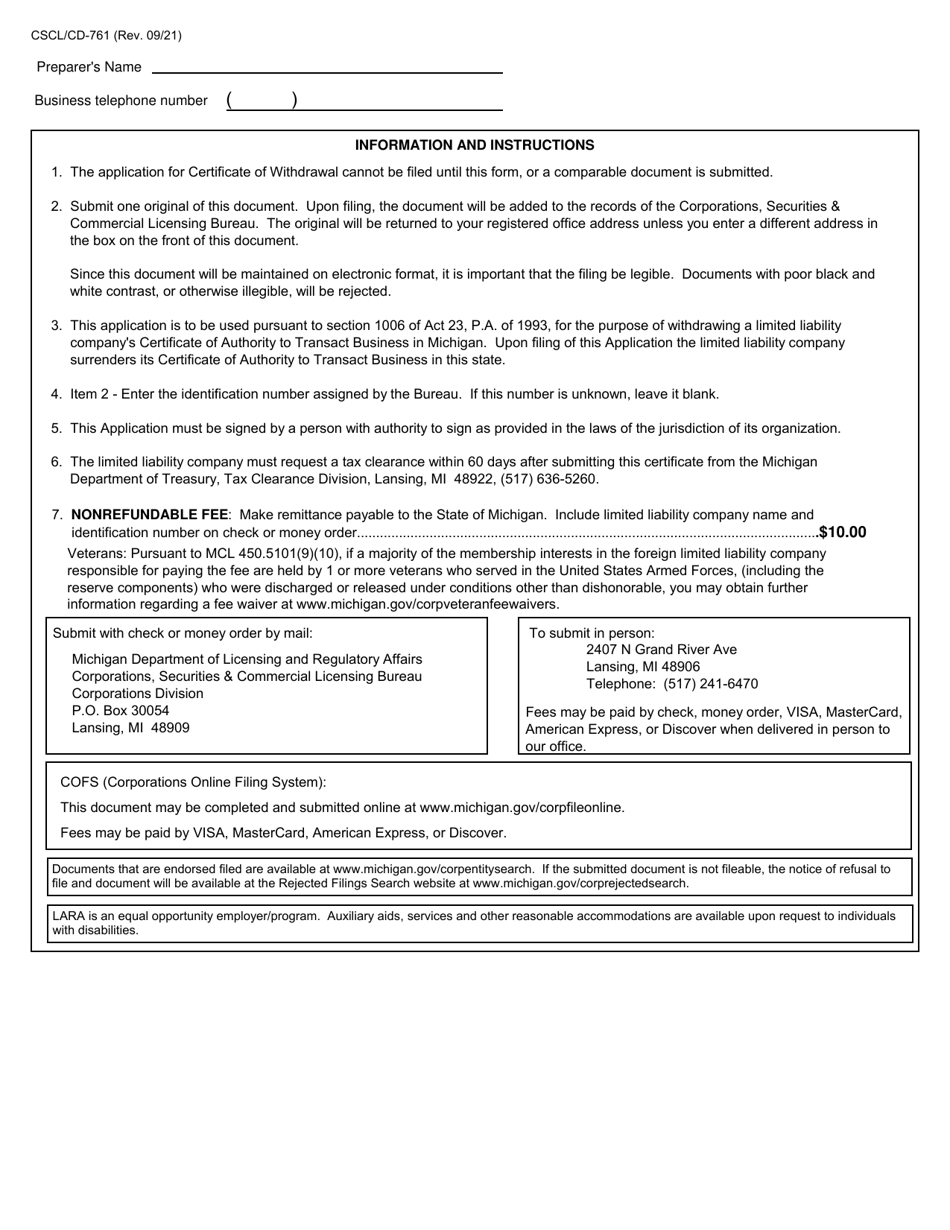 Form CSCL / CD-761 Application for Certificate of Withdrawal for Use by Foreign Limited Liability Companies - Michigan, Page 2