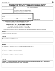 Form CSCL/CD-401 Certificate of Limited Partnership for Use by Domestic Limited Partnerships - Michigan