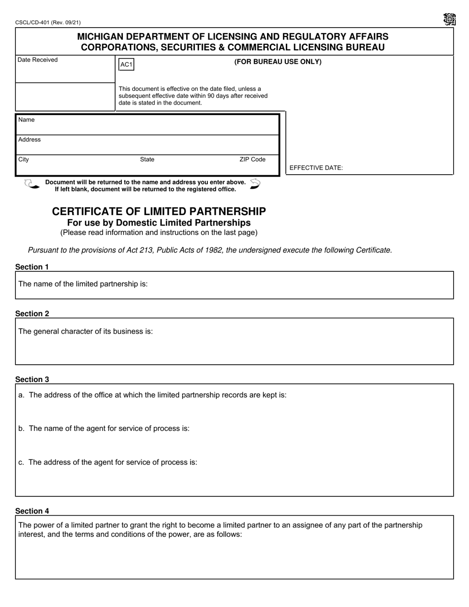 Form CSCL / CD-401 Certificate of Limited Partnership for Use by Domestic Limited Partnerships - Michigan, Page 1