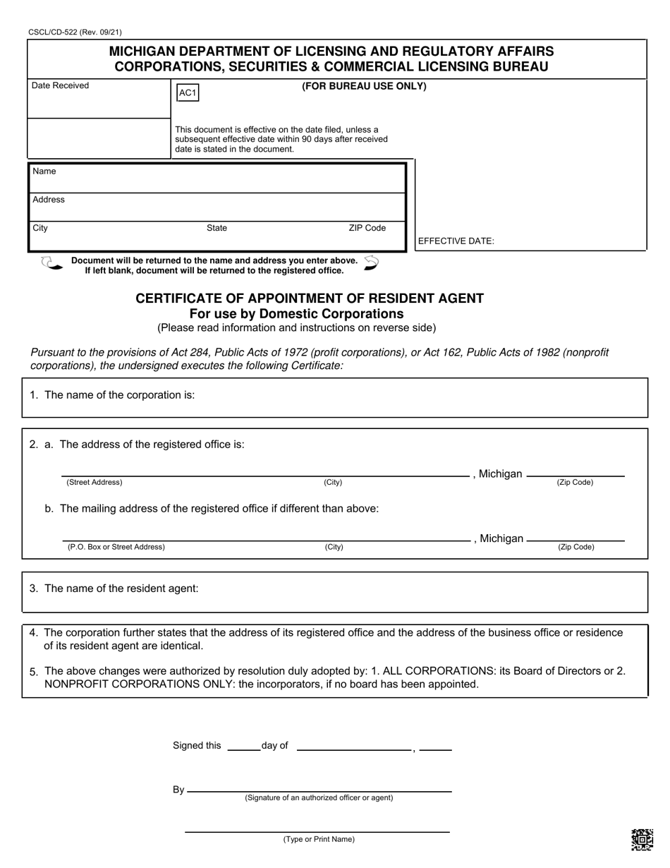 Form CSCL/CD-522 Certificate of Appointment of Resident Agent for Use by Domestic Corporations - Michigan, Page 1