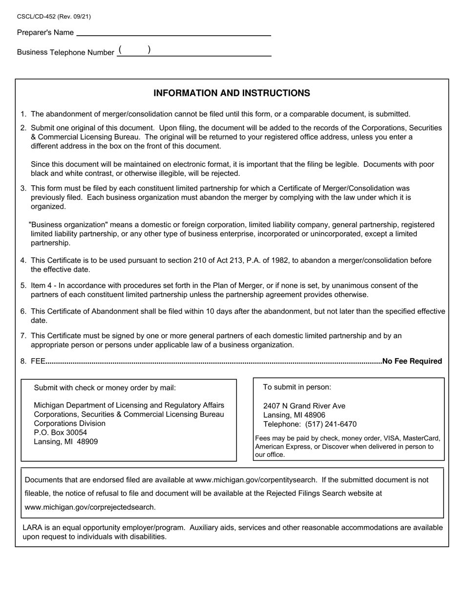 Form CSCL / CD-452 Certificate of Abandonment of Merger / Consolidation for Use by Domestic Limited Partnerships - Michigan, Page 3
