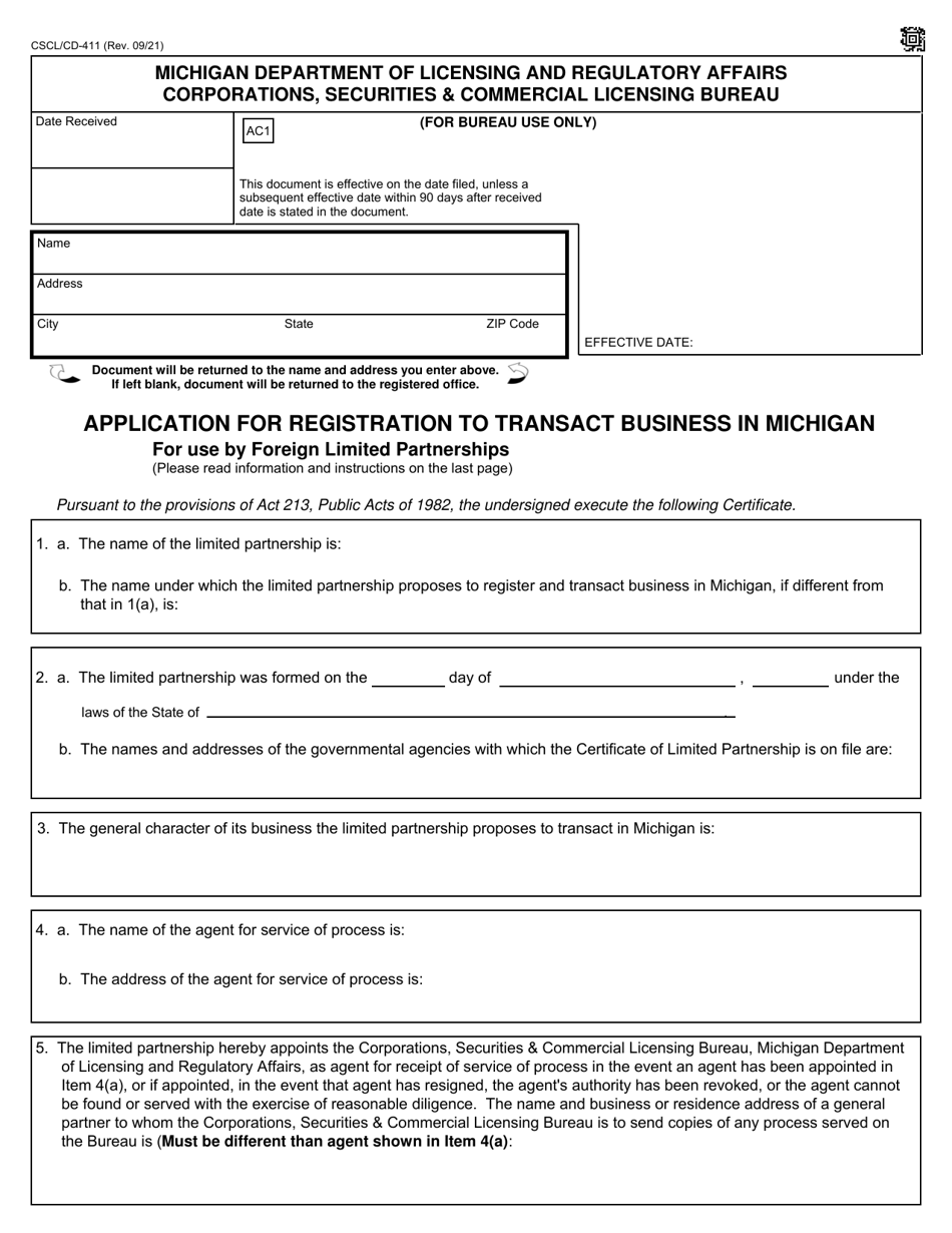 Form CSCL / CD-411 Application for Registration to Transact Business in Michigan for Use by Foreign Limited Partnerships - Michigan, Page 1