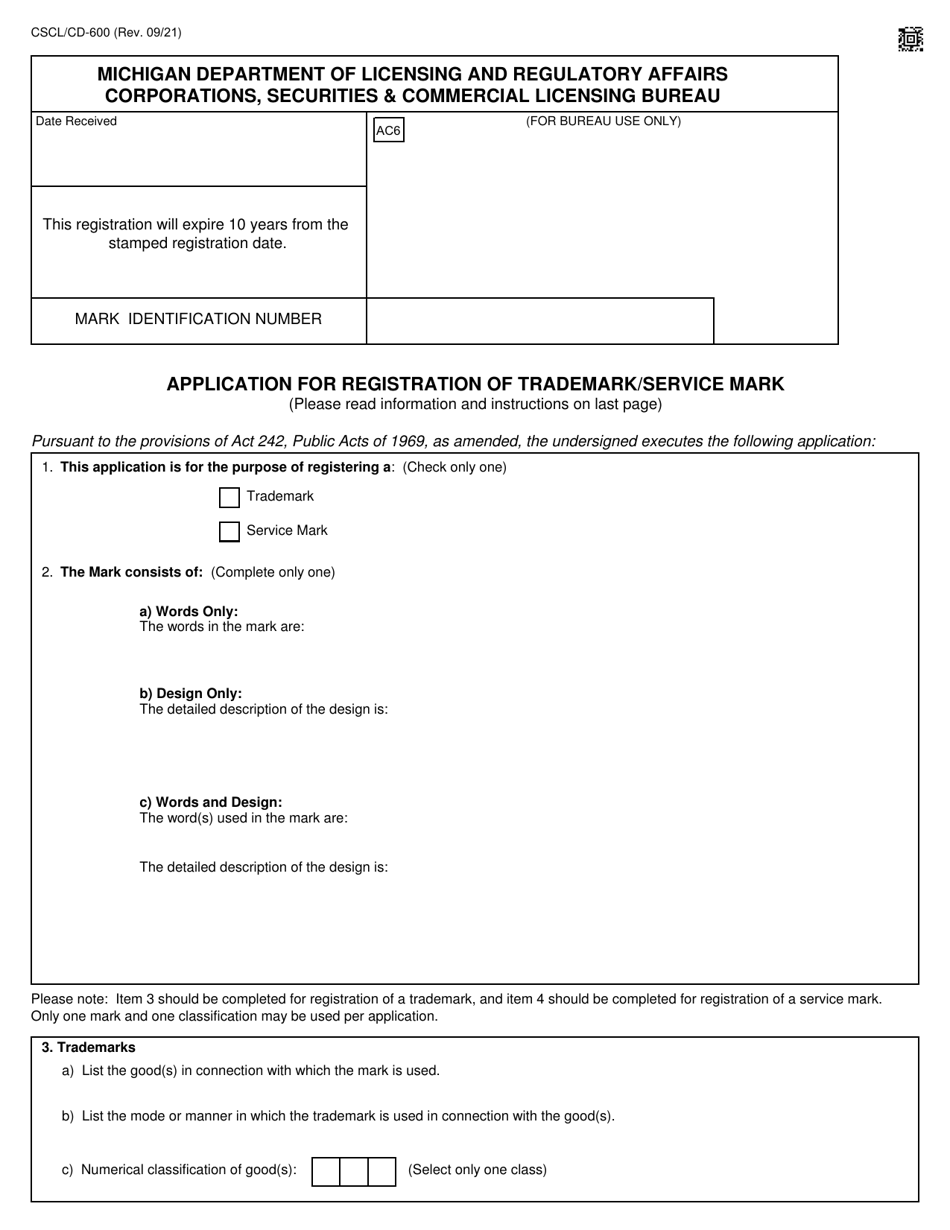 Form CSCL / CD-600 Application for Registration of Trademark / Service Mark - Michigan, Page 1
