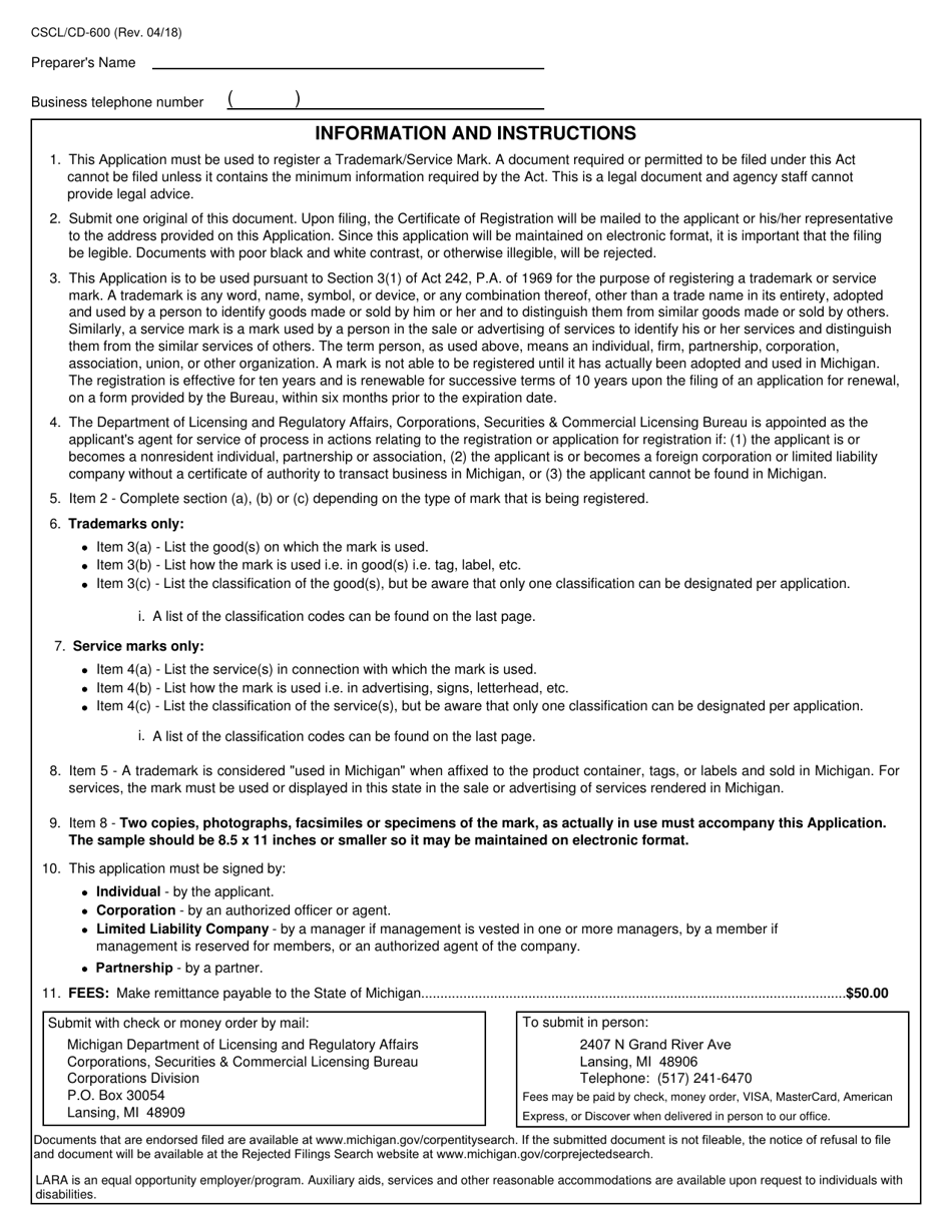 Form CSCL / CD-600 Application for Registration of Trademark / Service Mark - Michigan, Page 3