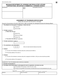 Form CSCL/CD-603 &quot;Assignment of Trademark/Service Mark&quot; - Michigan