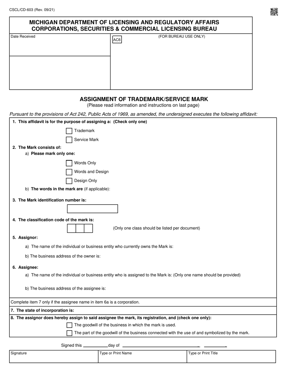Form CSCL / CD-603 Assignment of Trademark / Service Mark - Michigan, Page 1