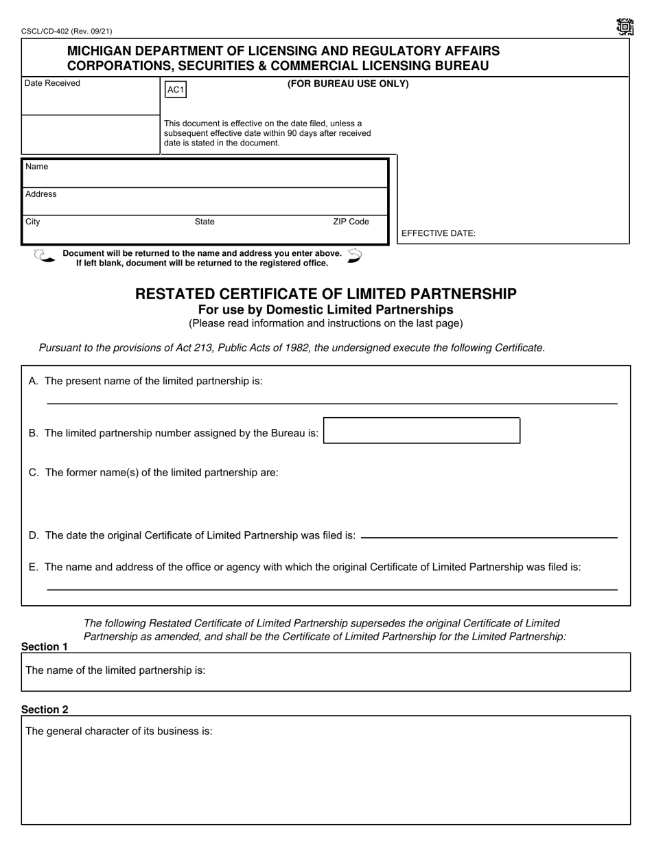 Form CSCL / CD-402 Restated Certificate of Limited Partnership for Use by Domestic Limited Partnerships - Michigan, Page 1