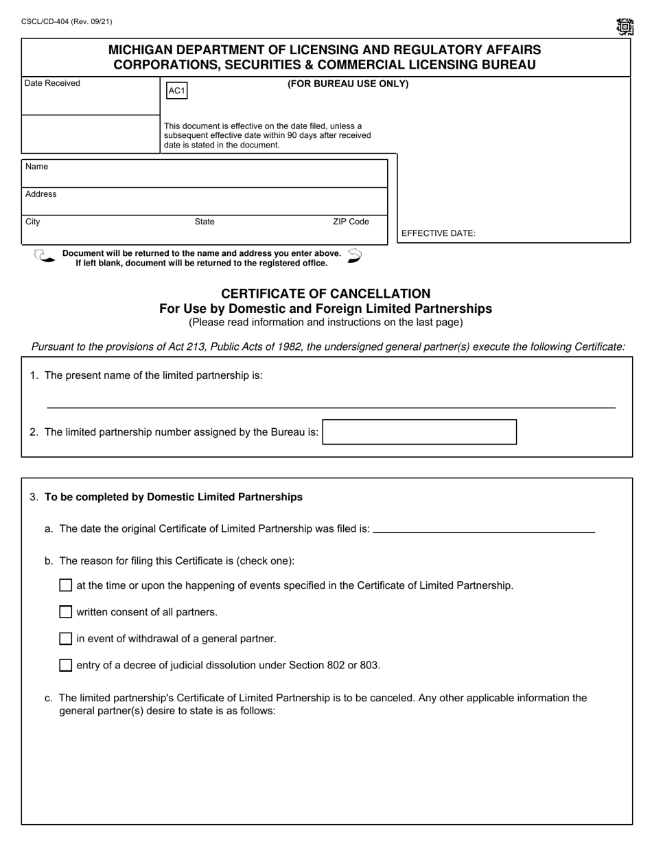 Form CSCL / CD-404 Certificate of Cancellation for Use by Domestic and Foreign Limited Partnerships - Michigan, Page 1
