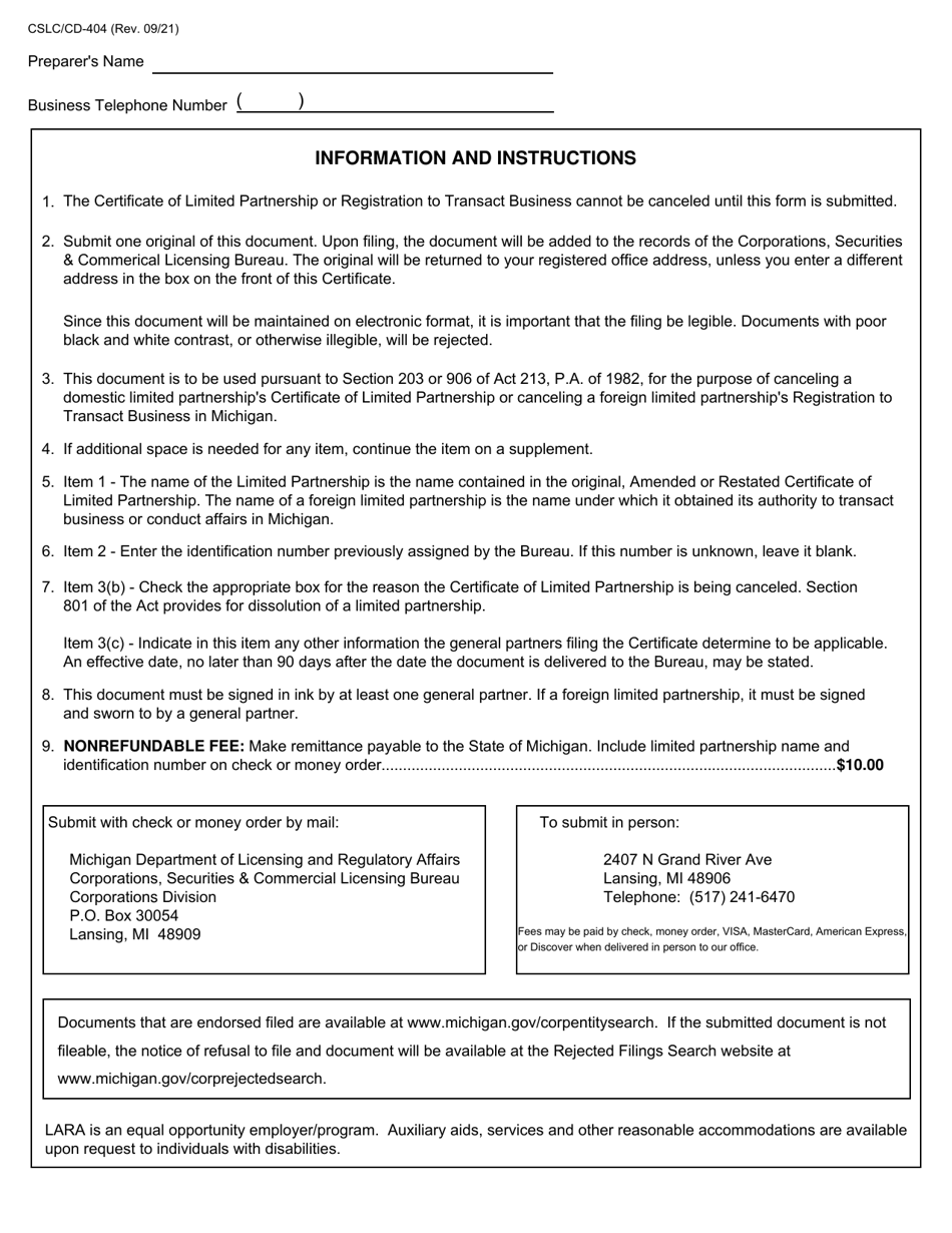 Form CSCL / CD-404 Certificate of Cancellation for Use by Domestic and Foreign Limited Partnerships - Michigan, Page 3