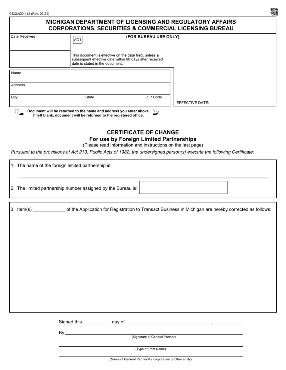 Form CSCL / CD-412 Certificate of Change for Use by Foreign Limited Partnerships - Michigan, Page 1