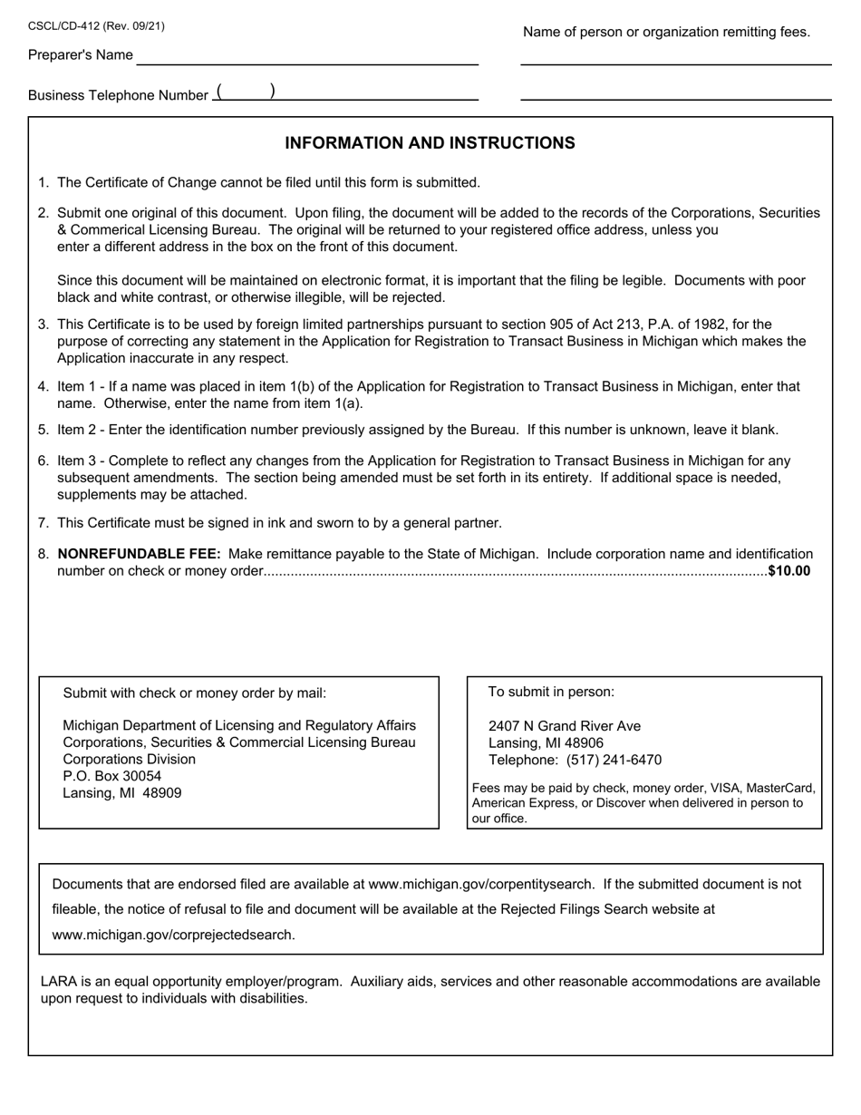 Form CSCL / CD-412 Certificate of Change for Use by Foreign Limited Partnerships - Michigan, Page 3