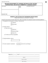 Form CSCL/CD-601 &quot;Renewal Application for Trademark/Service Mark&quot; - Michigan