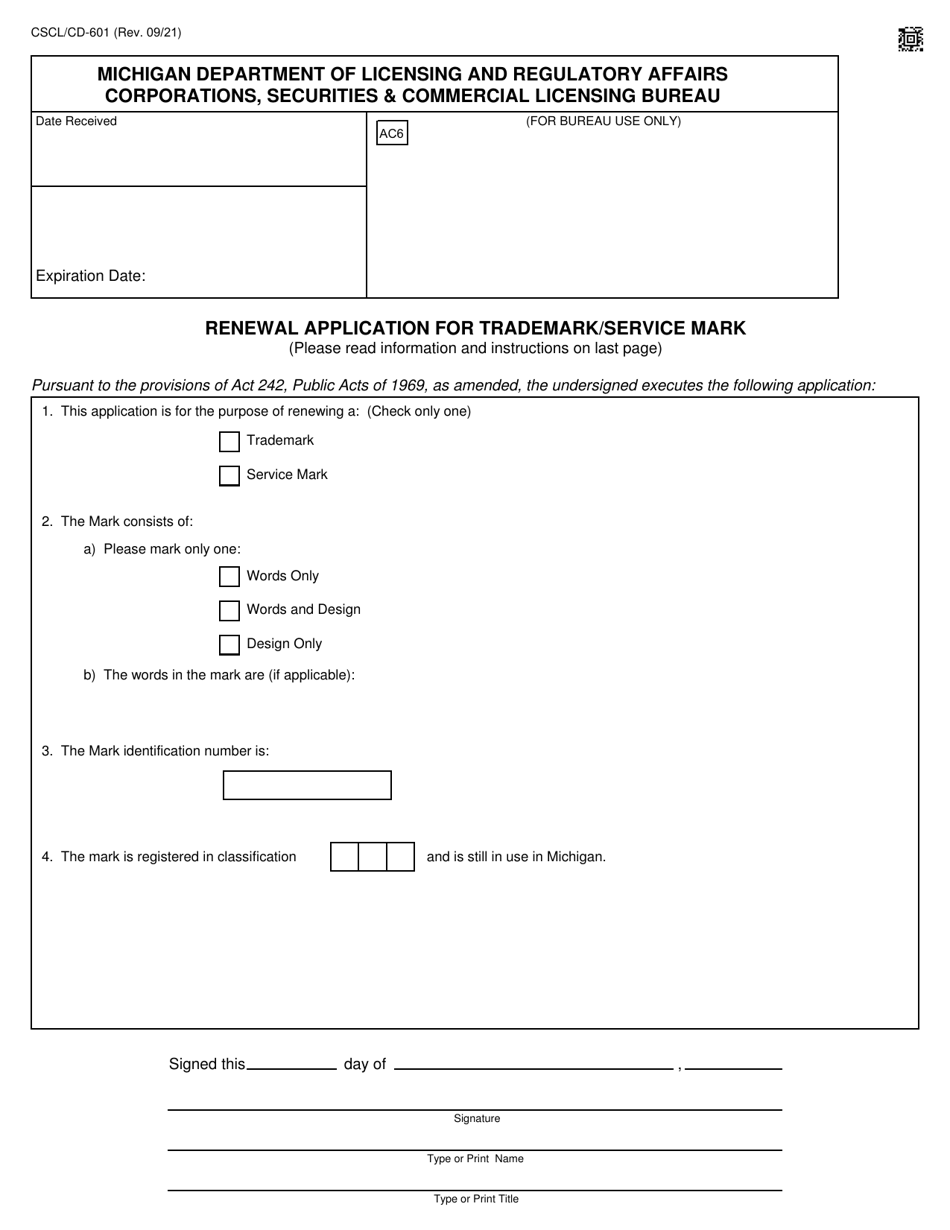 Form CSCL / CD-601 Renewal Application for Trademark / Service Mark - Michigan, Page 1