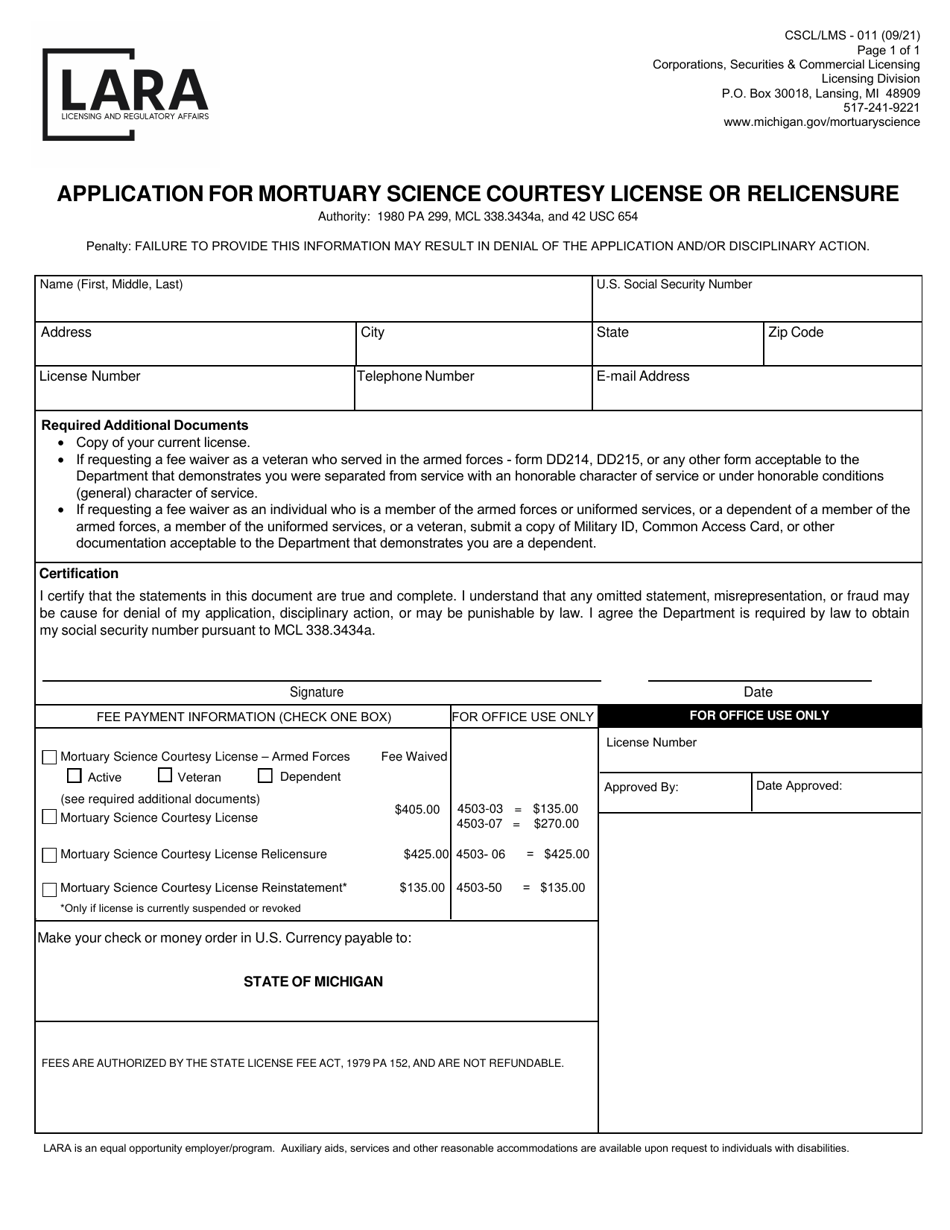 Form CSCL / LMS-011 Application for Mortuary Science Courtesy License or Relicensure - Michigan, Page 1