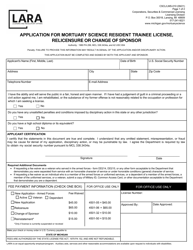 Document preview: Form CSCL/LMS-010 Application for Mortuary Science Resident Trainee License, Relicensure or Change of Sponsor - Michigan