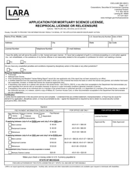 Form CSCL/LMS-060 &quot;Application for Mortuary Science License, Reciprocal License or Relicensure&quot; - Michigan